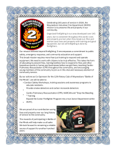 A flyer for Waynesboro Volunteer Fire Department celebrates 145 years of service. It includes their mission, various programs, and a section about their Junior Firefighter Program with an image showing a firefighter's uniform with "Junior Firefighter" written on the back.