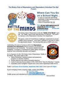Flyer for "Battle of the Minds," a trivia fundraiser by the Rotary Club of Waynesboro and Waynesboro Volunteer Fire Department. Event held on September 28, 2024. Features details about the trivia competition, prizes, sponsors, and how to register. Text and logos included.
