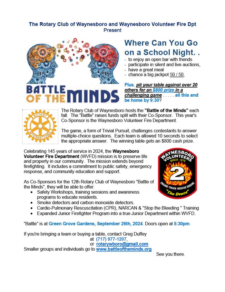 Flyer for "Battle of the Minds," a trivia fundraiser by the Rotary Club of Waynesboro and Waynesboro Volunteer Fire Department. Event held on September 28, 2024. Features details about the trivia competition, prizes, sponsors, and how to register. Text and logos included.