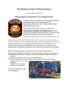 Flyer for "The Rotary Club of Waynesboro" supporting the "Waynesboro Volunteer Fire Department". It's for the "12th Battle of the Minds" event. Includes the rotary and fire department logos, history, and mission of WVFD, and several sponsor logos. Contact available via Facebook.