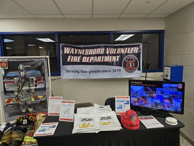 A table display for the Waynesboro Volunteer Fire Department. It features brochures, a red helmet, smoke alarm information, and a monitor showing fire scenes. A banner above reads, "Serving fine people since 1879." Firefighting gear is visible to the left.