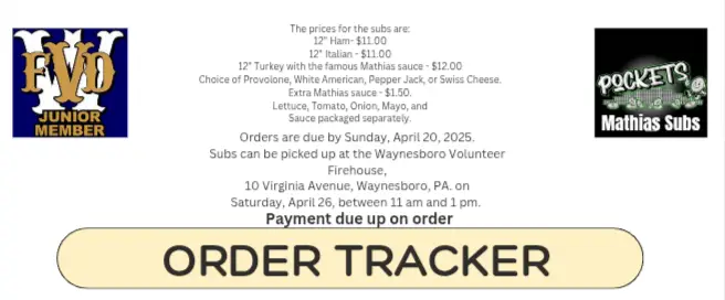 Graphic for a sub order with a logo of "FVD Junior Member" on the left and "Pockets Mathias Subs" on the right. Details include sub prices, order, and pickup information for April 2025, with "ORDER TRACKER" at the bottom.